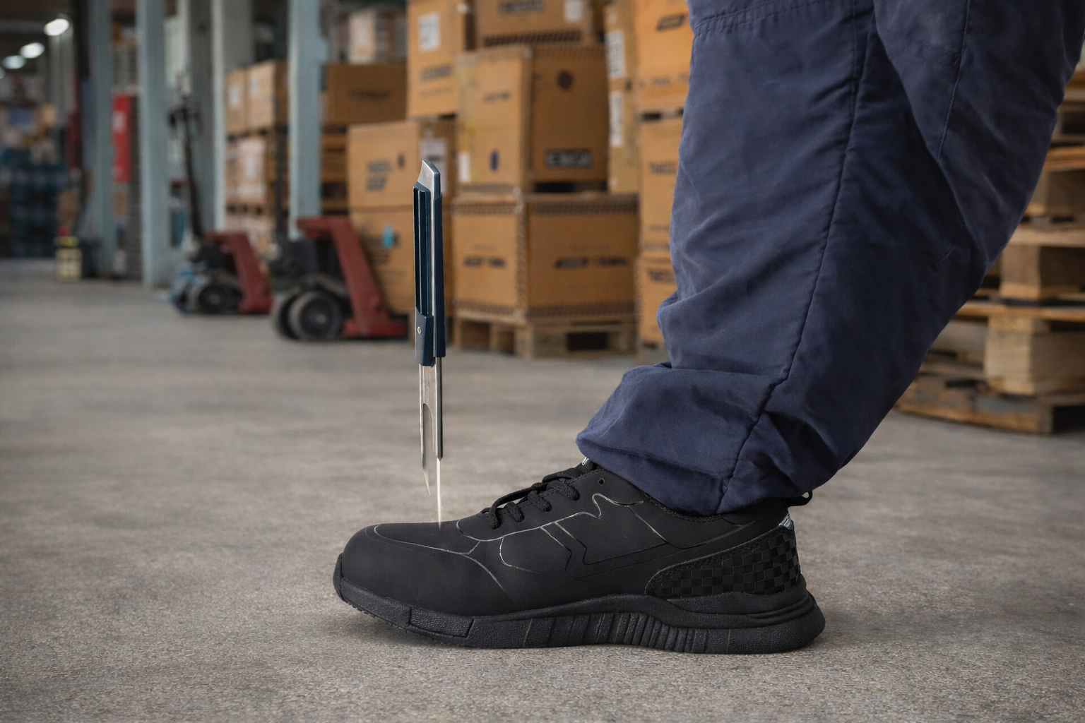 Cúter cayendo sobre la puntera de un calzado de seguridad en un almacén, ejemplo de cómo actúa el calzado de seguridad en un accidente laboral.